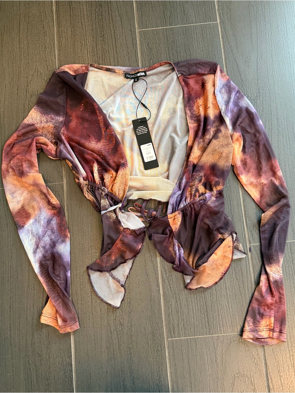 Fashion Nova Long Sleeve Tie-Front Crop Top - Purple & Orange Tie-Dye